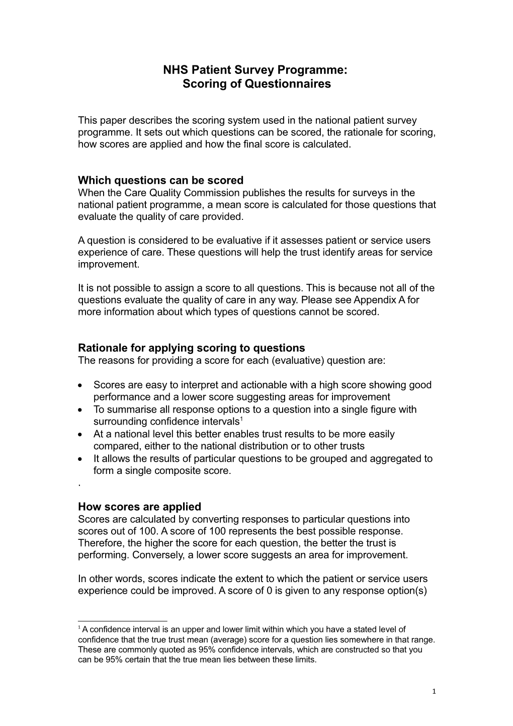 NHS Patient Survey Programme: Scoring of Questionnaires