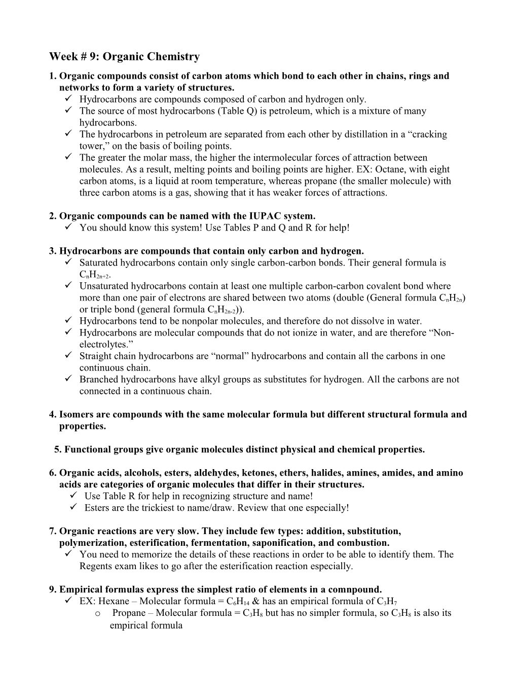 Week # 9: Organic Chemistry