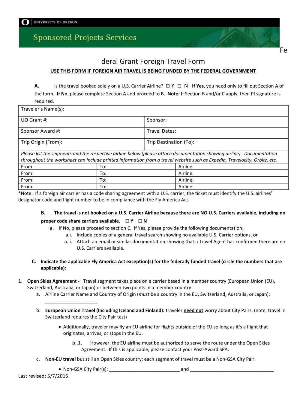 Use This Form If Foreign Air Travel Is Being Funded by the Federal Government