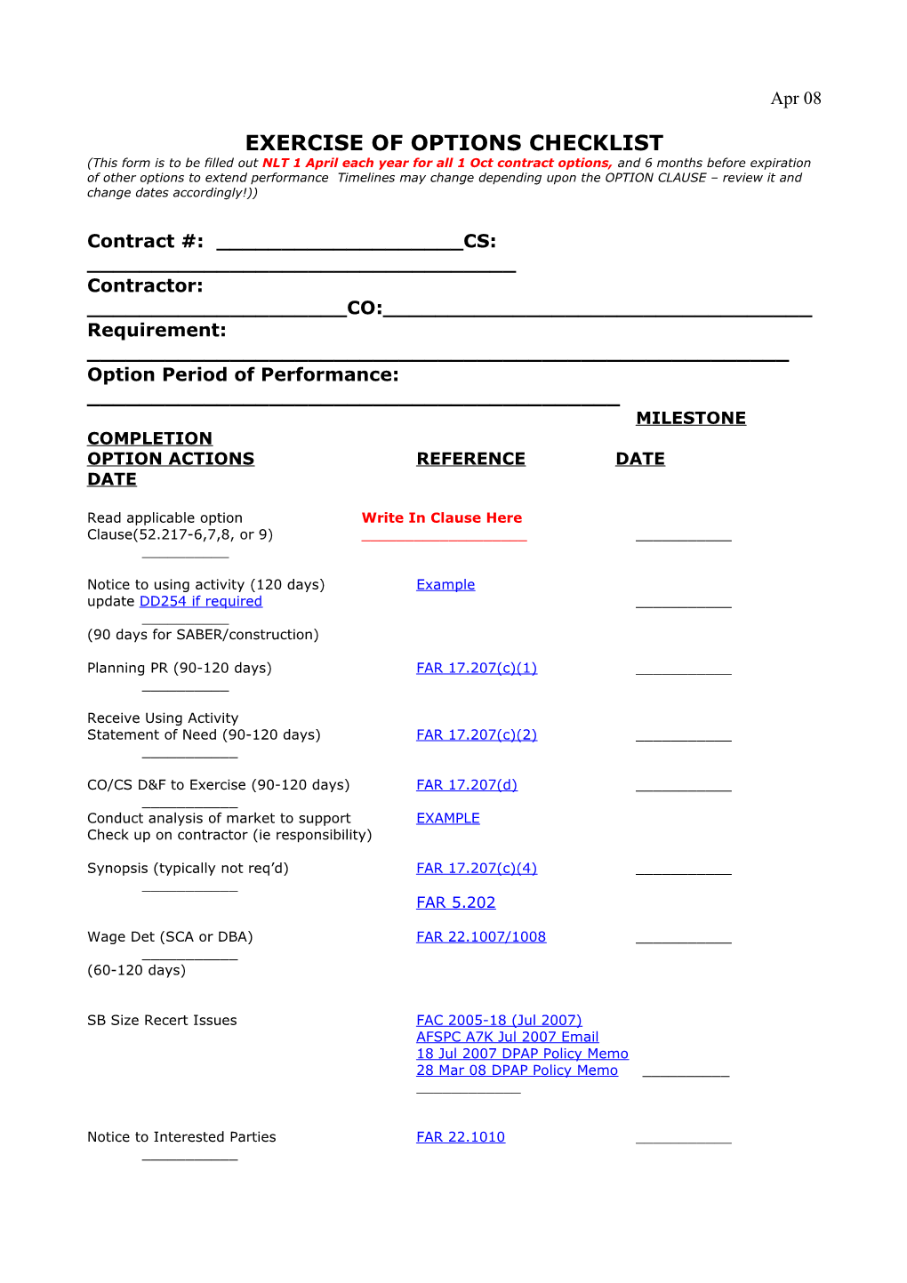 Exercise of Options Checklist