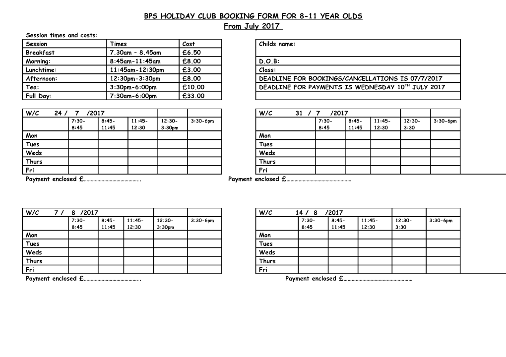 Activ-8 Booking Form for 4 to 7 Year Olds