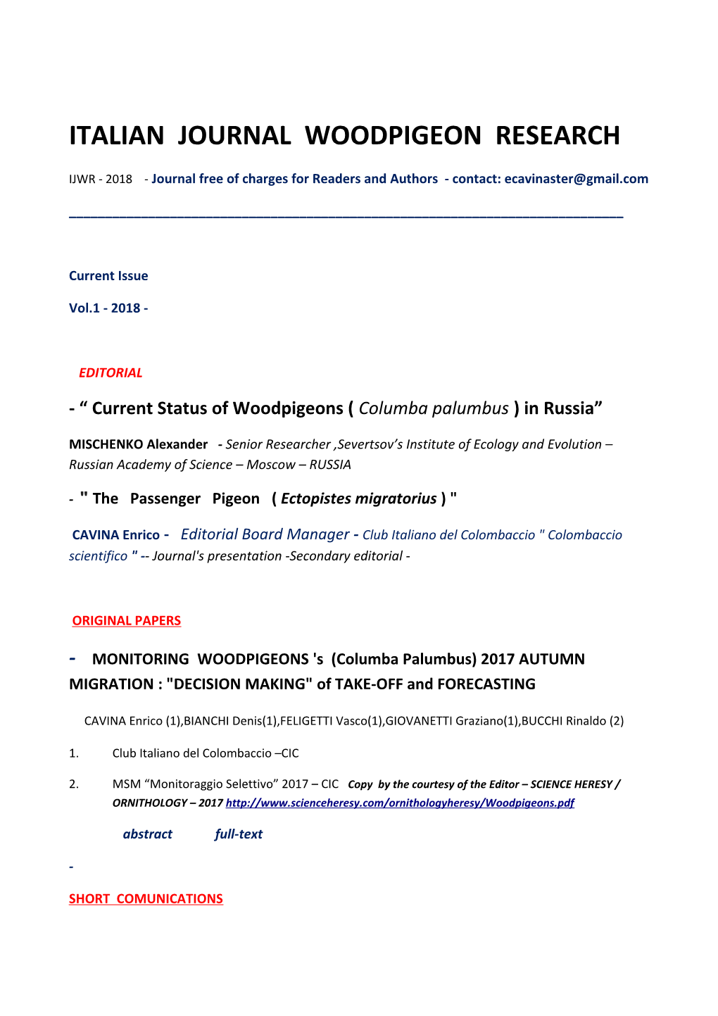 Italian Journal Woodpigeon Research