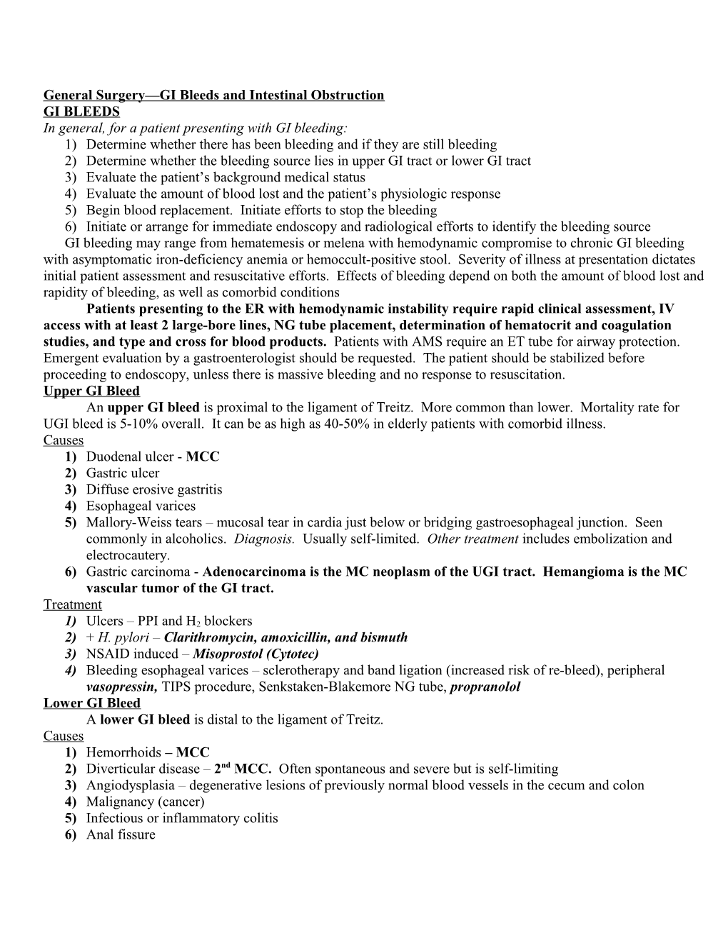 General Surgery GI Bleeds and Intestinal Obstruction