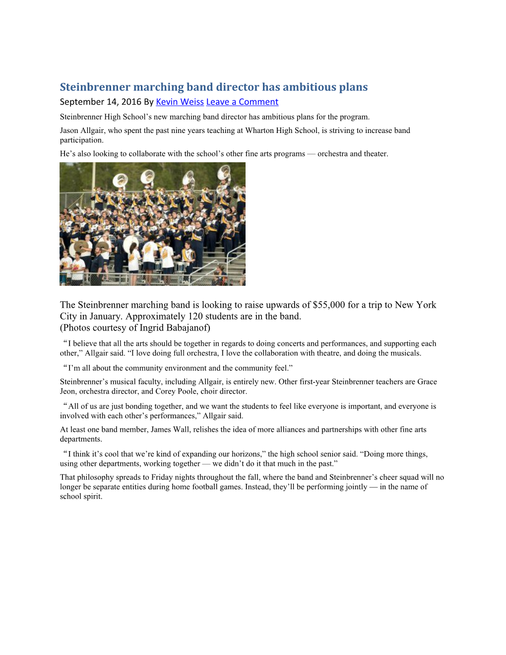 Steinbrenner Marching Band Director Has Ambitious Plans