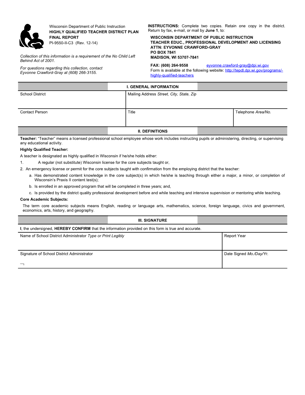 PI-9550-IIC3 Highly Qualified Teacher District Plan Final Report