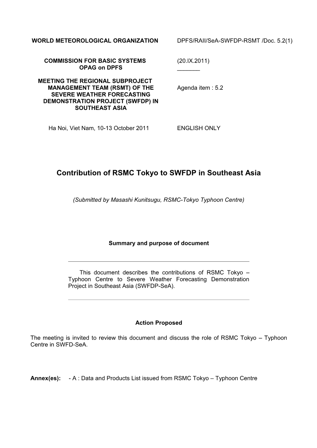 DPFS/RAII/Sea-SWFDP-RSMT/Doc. 5.2(1), P. 1