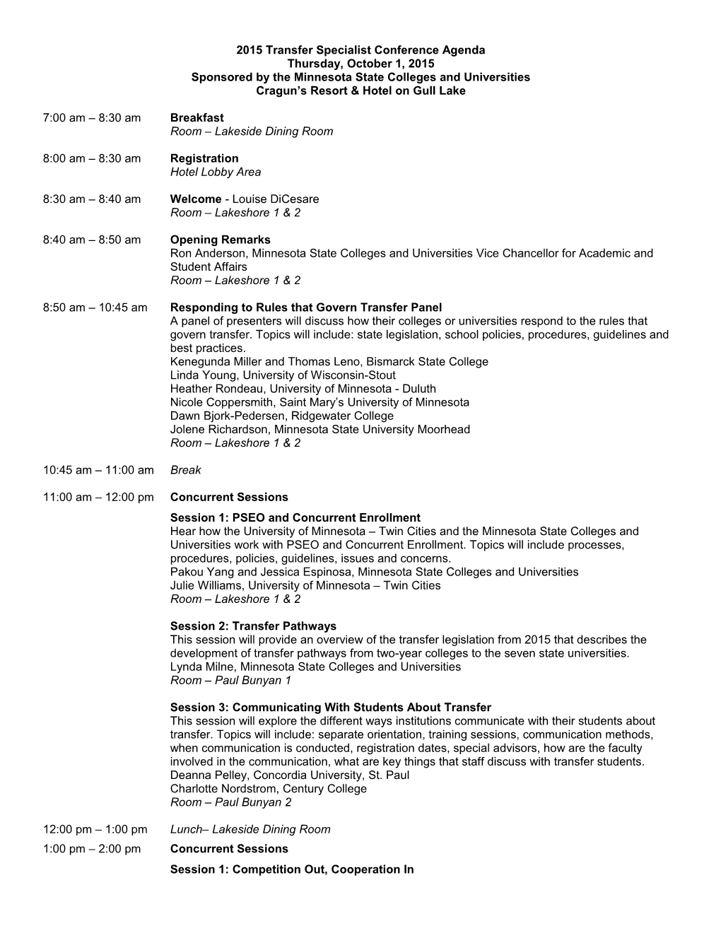 2015 Transfer Specialist Conference Agenda