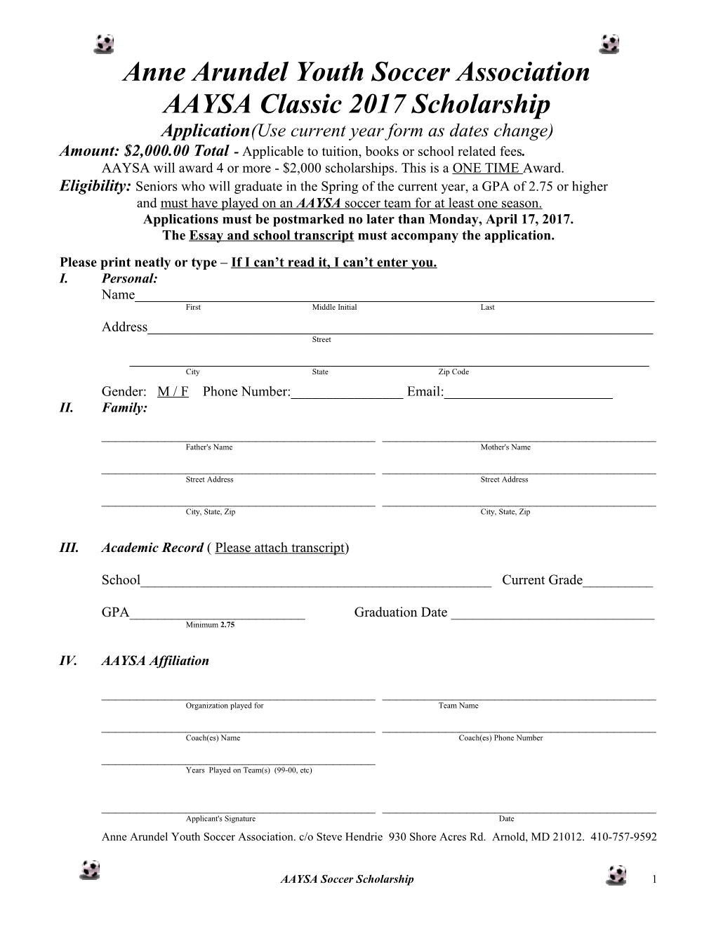 Application (Use Current Year Form As Dates Change)