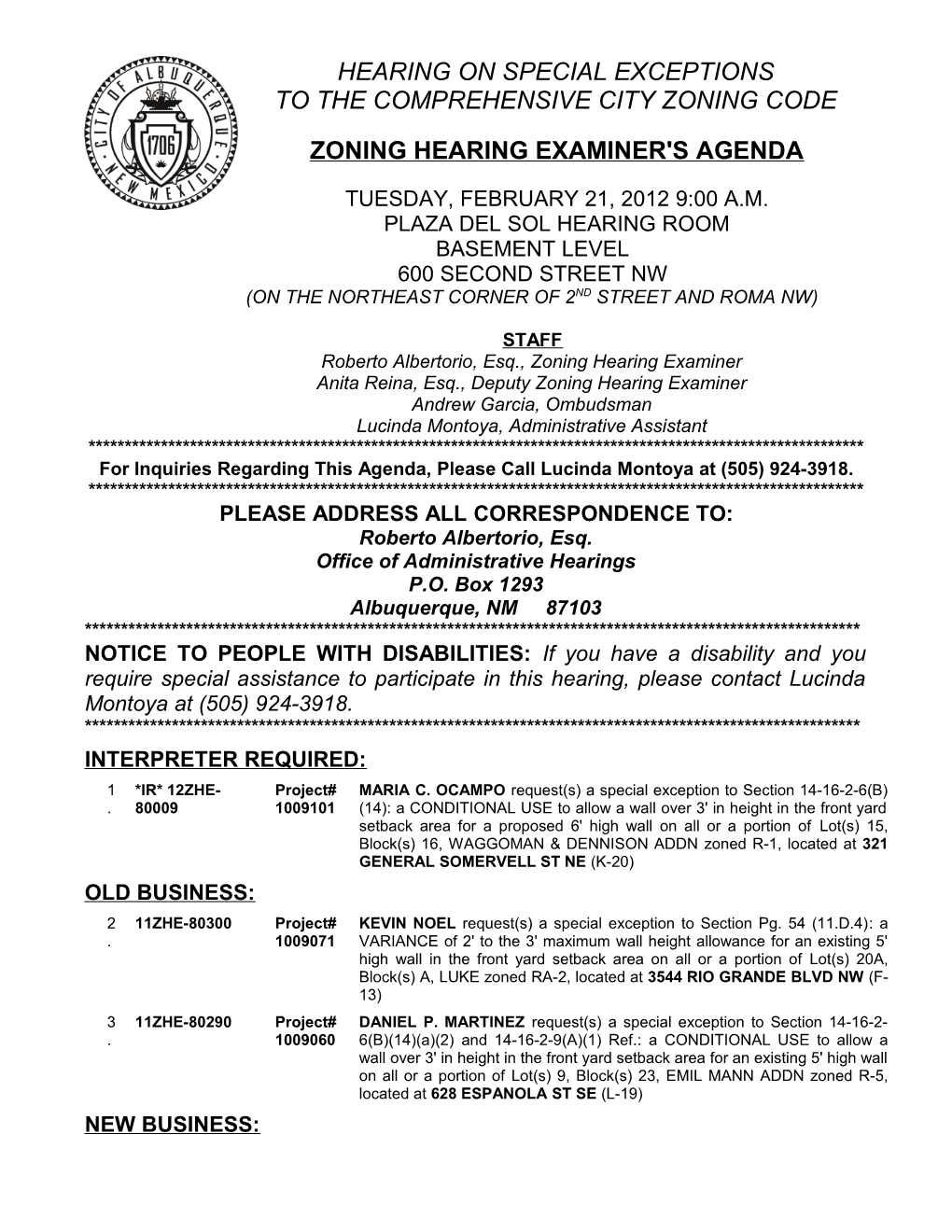 Zoning Hearing Examiner's Agenda