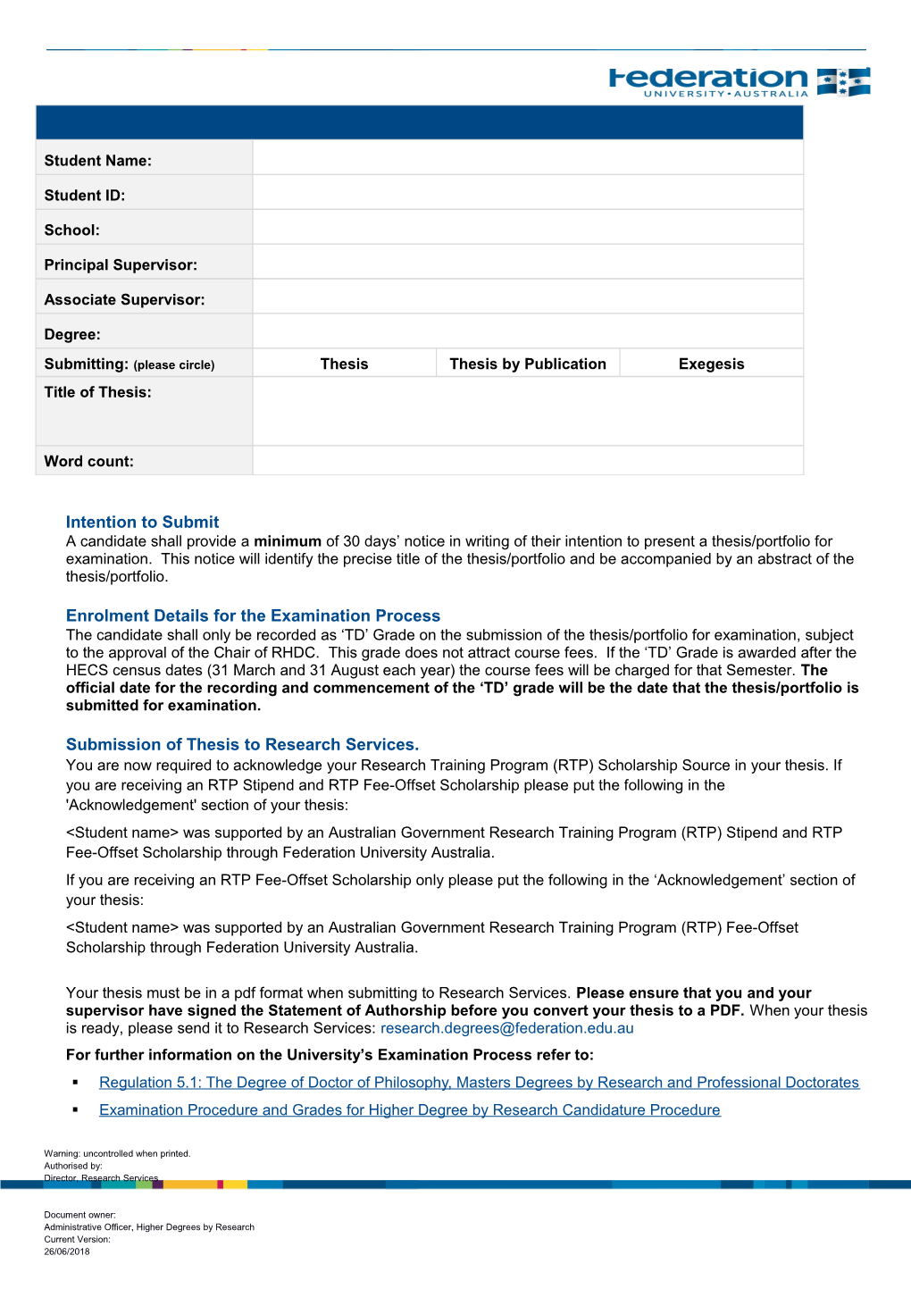 Enrolment Details for the Examination Process