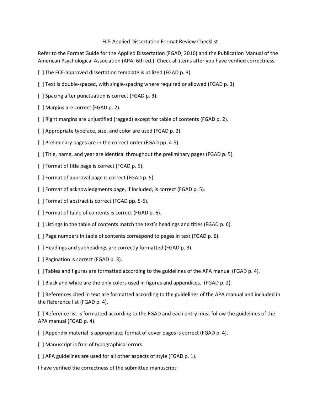 FCE Applied Dissertation Format Review Checklist