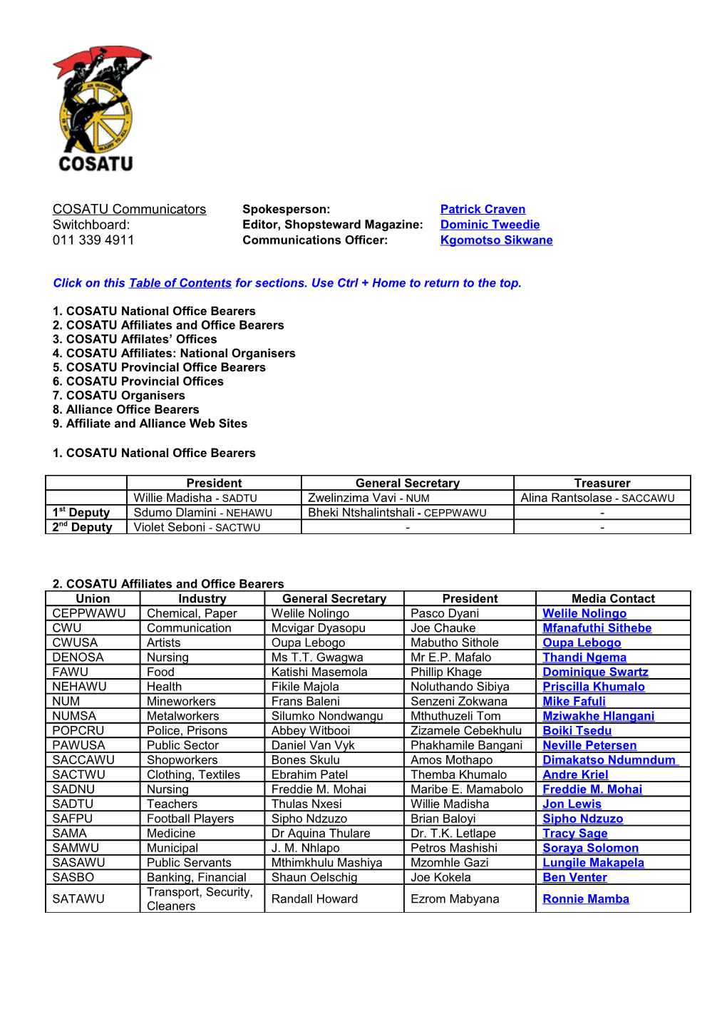 Click on This Table of Contents for Sections. Use Ctrl + Home to Return to the Top