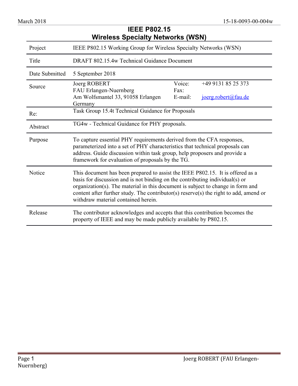 DRAFT 802.15.4W Technical Guidance Document