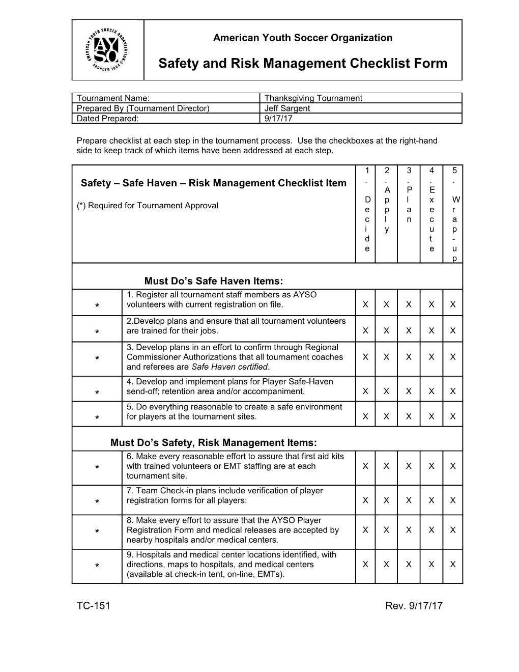 Prepare Checklist at Each Step in the Tournament Process. Use the Checkboxes at the Right-Hand
