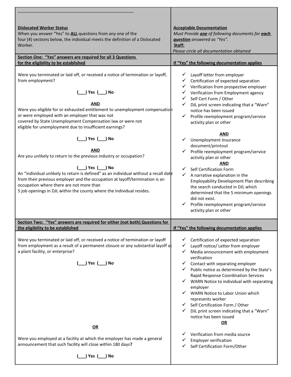 Section Two: Yes Answers Are Required for Either (Not Both) Questions for the Eligibility