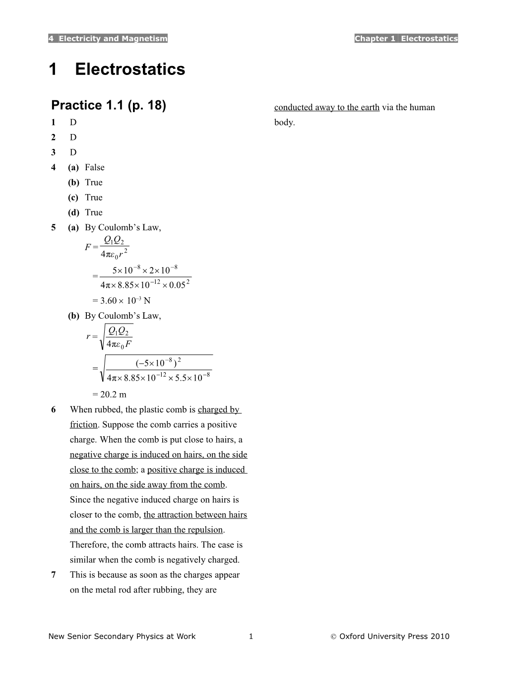 4 Electricity and Magnetism Chapter 1 Electrostatics