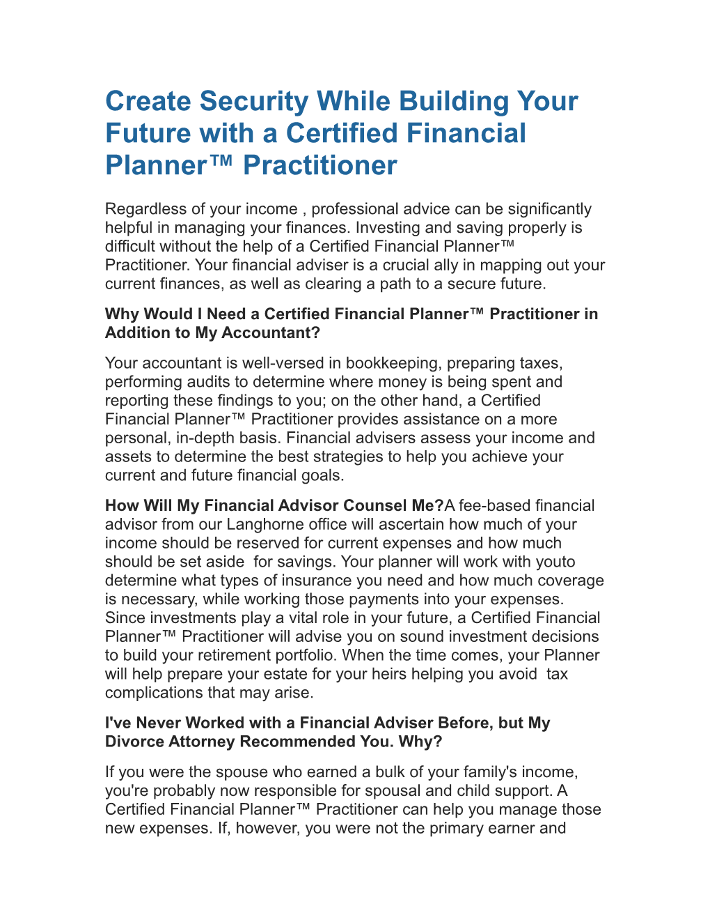 Create Security While Building Your Future with a Certified Financial Planner Practitioner