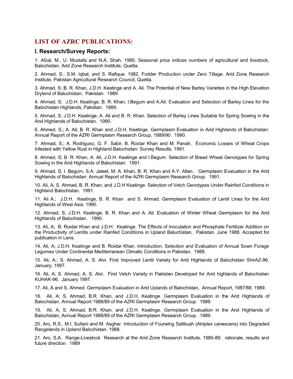 List of Azrc Publications