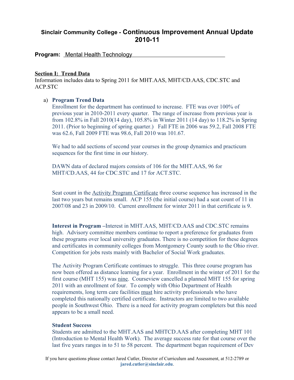Sinclair Community College - Continuous Improvement Annual Update2010-11