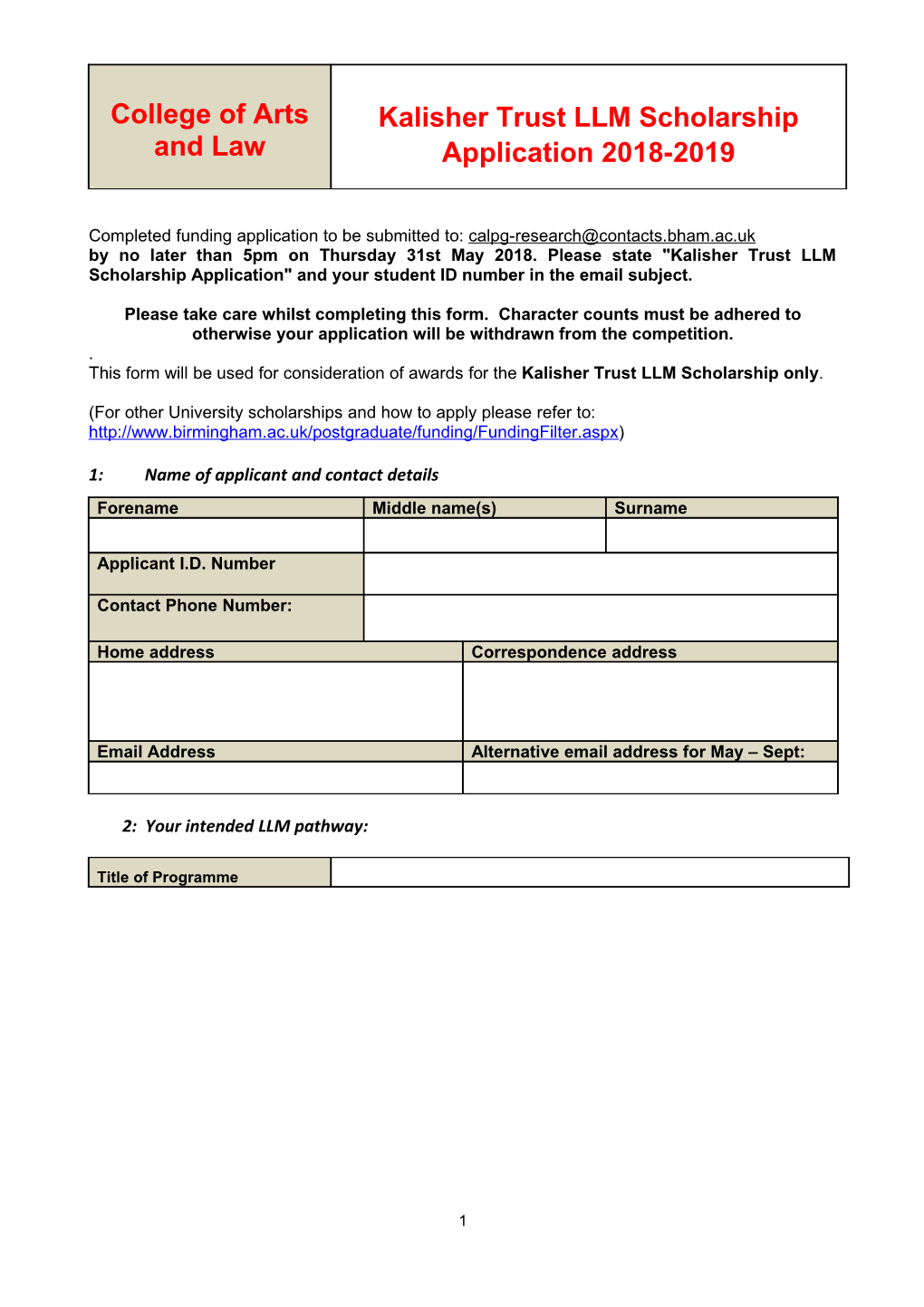 Sample Doctoral Award Scheme Application Form