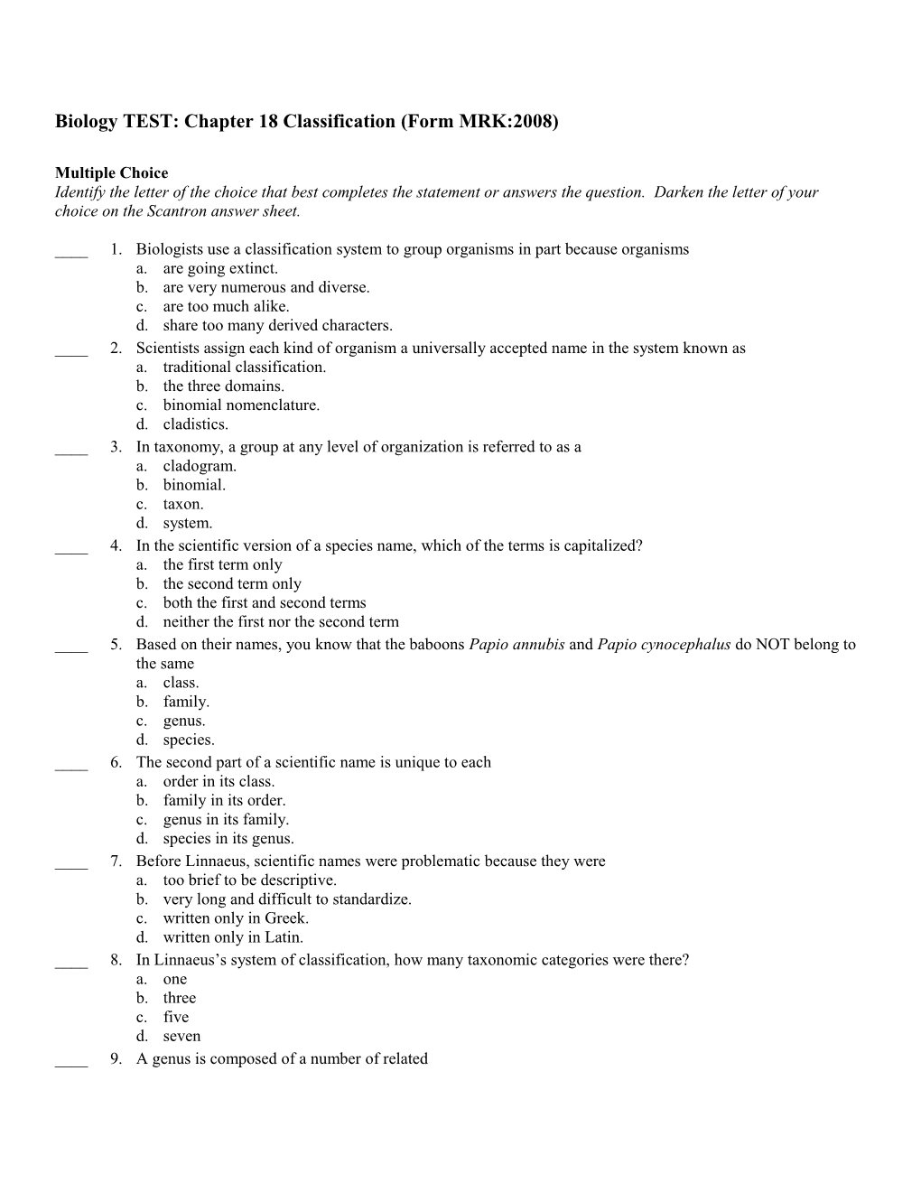 Biology TEST: Chapter 18 Classification (Form MRK:2008)