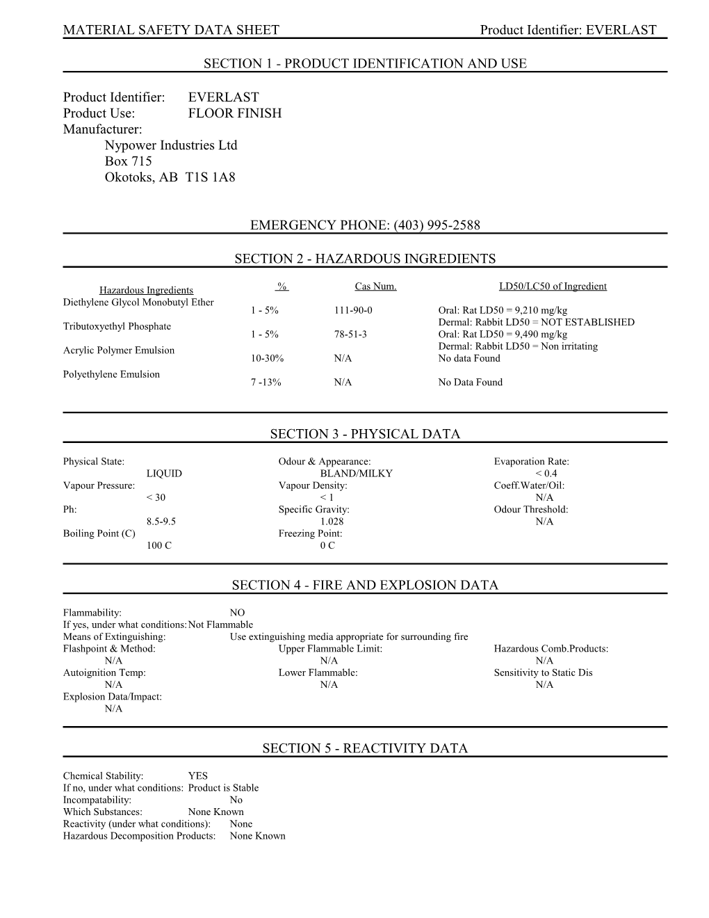 Material Safety Data Sheet s18