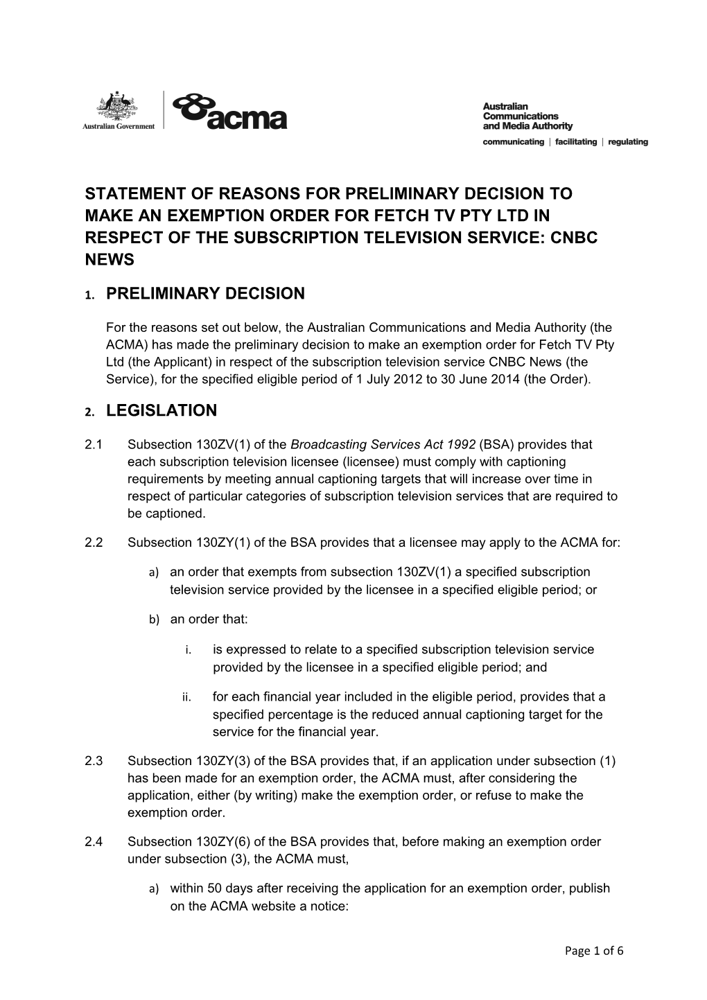 Statement of Reasons for Preliminary Decision Fetch TV Cons 37