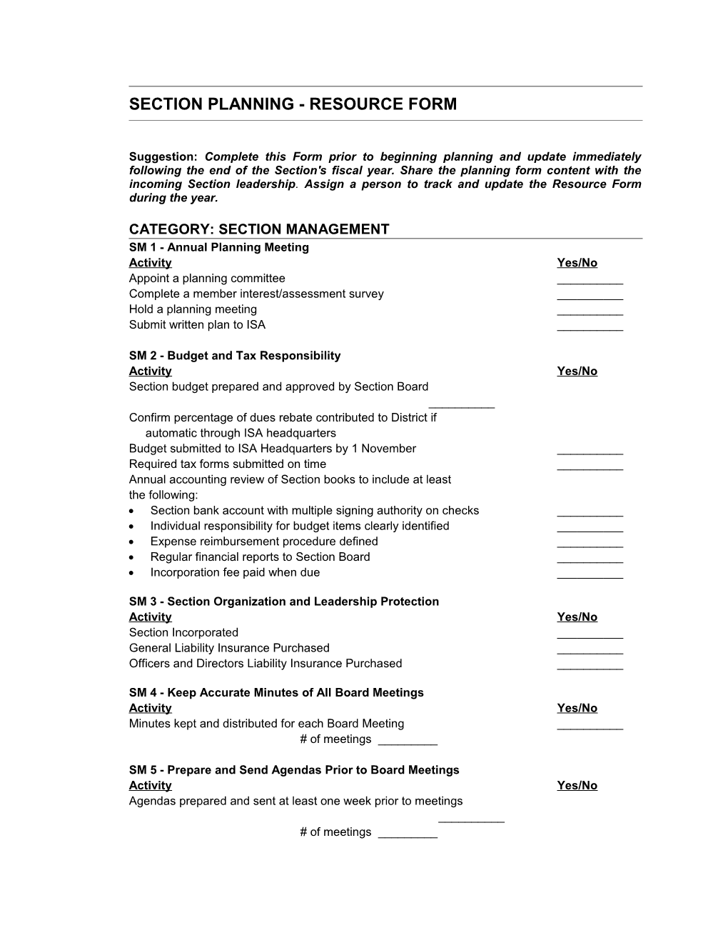 Section Planning - Resource Form