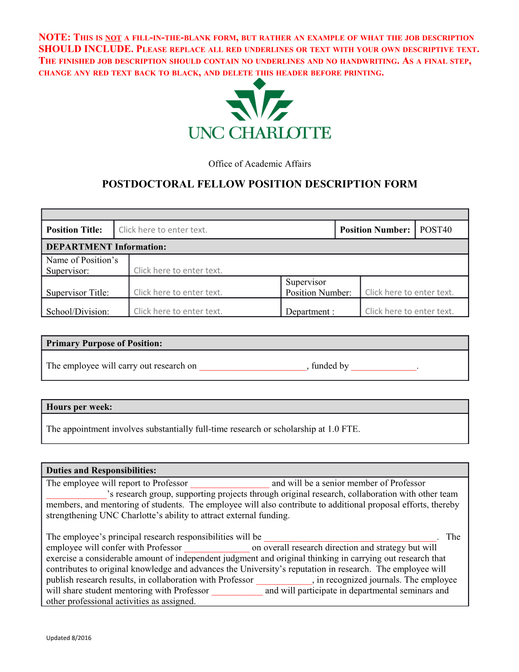 Postdoctoral Fellow Position Description Form