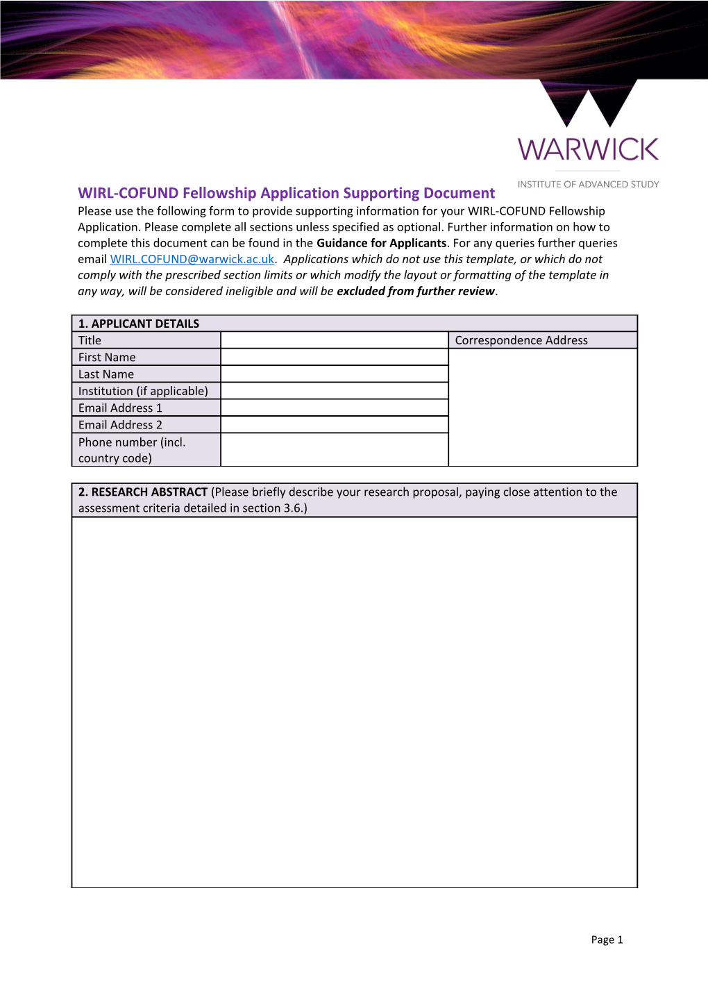 WIRL-COFUND Fellowship Application Supporting Document