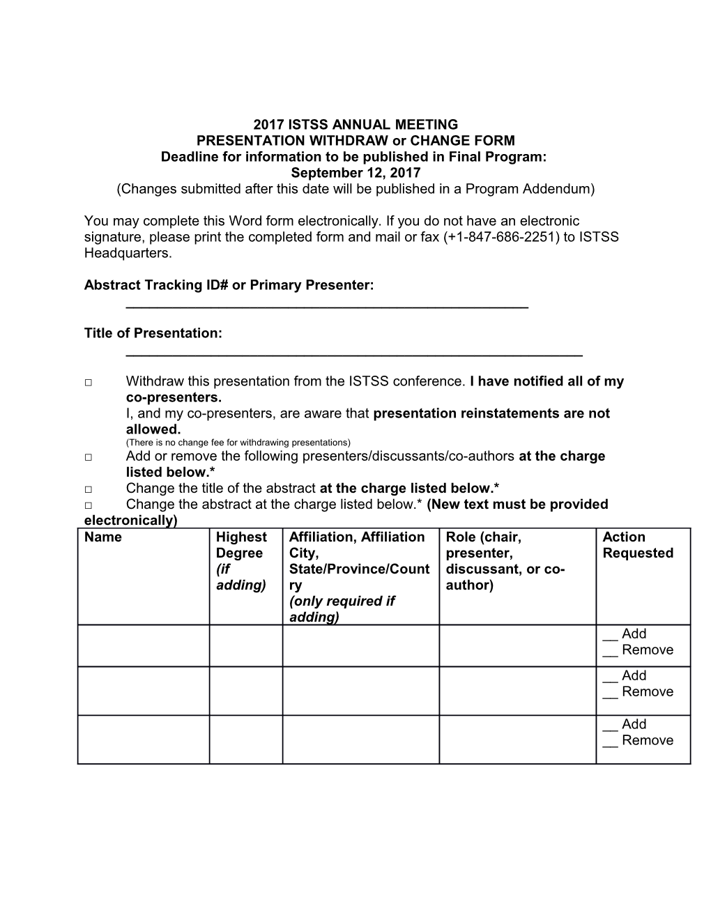 PRESENTATION WITHDRAW Or CHANGE FORM