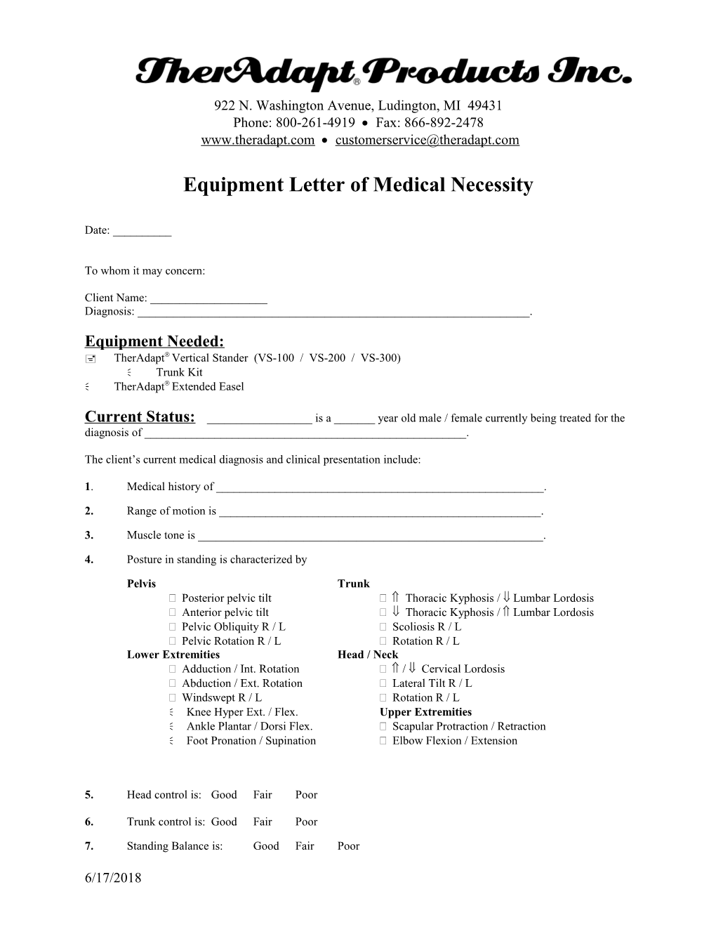 Equipment Letter of Medical Necessity