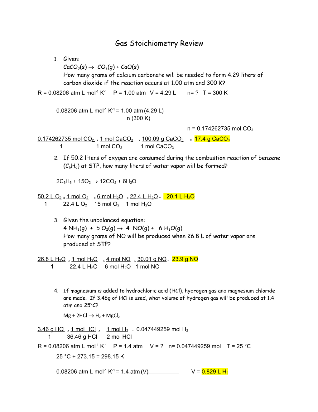 Gas Stoichiometry Review