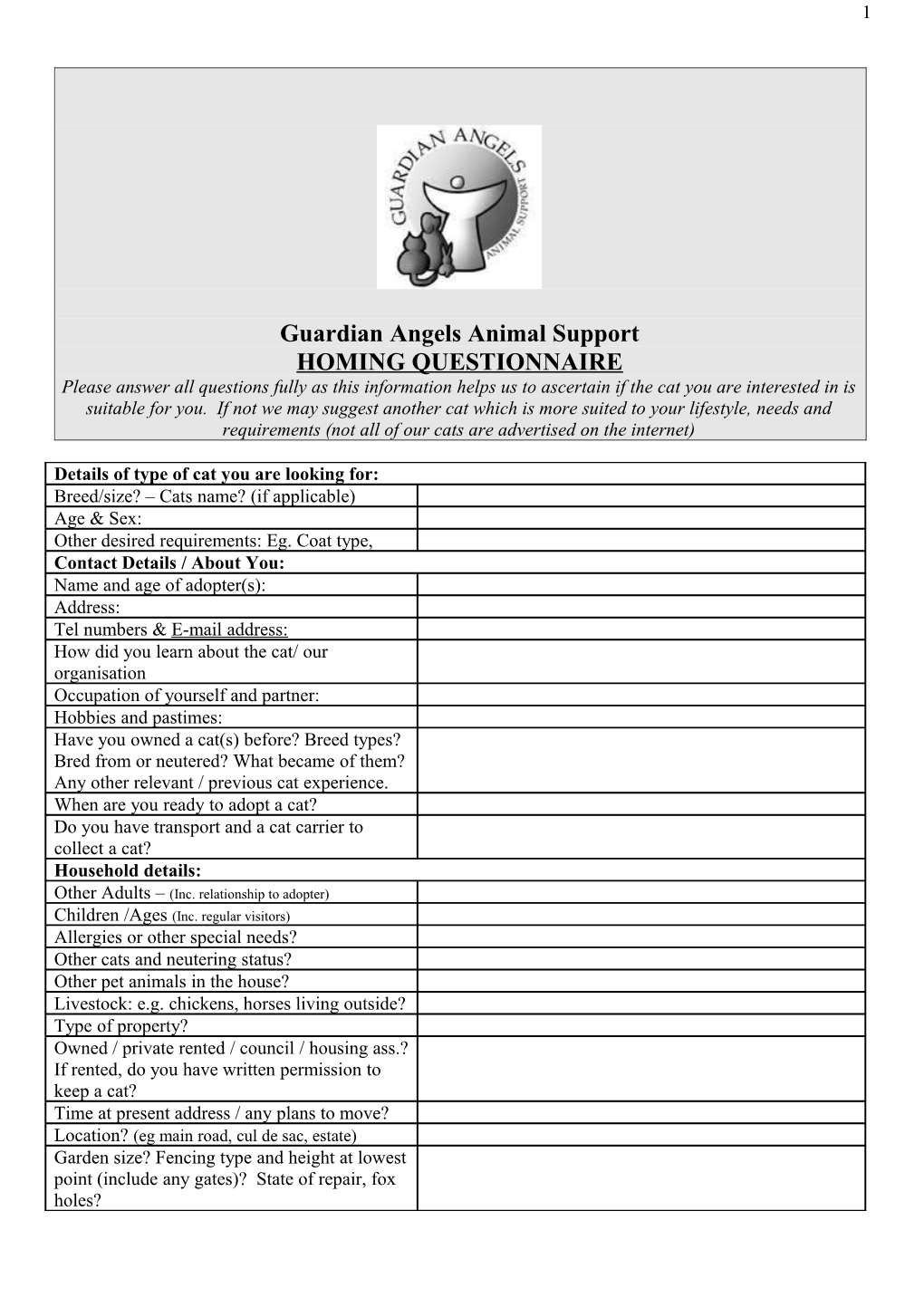 Rehoming Questionnaire Website