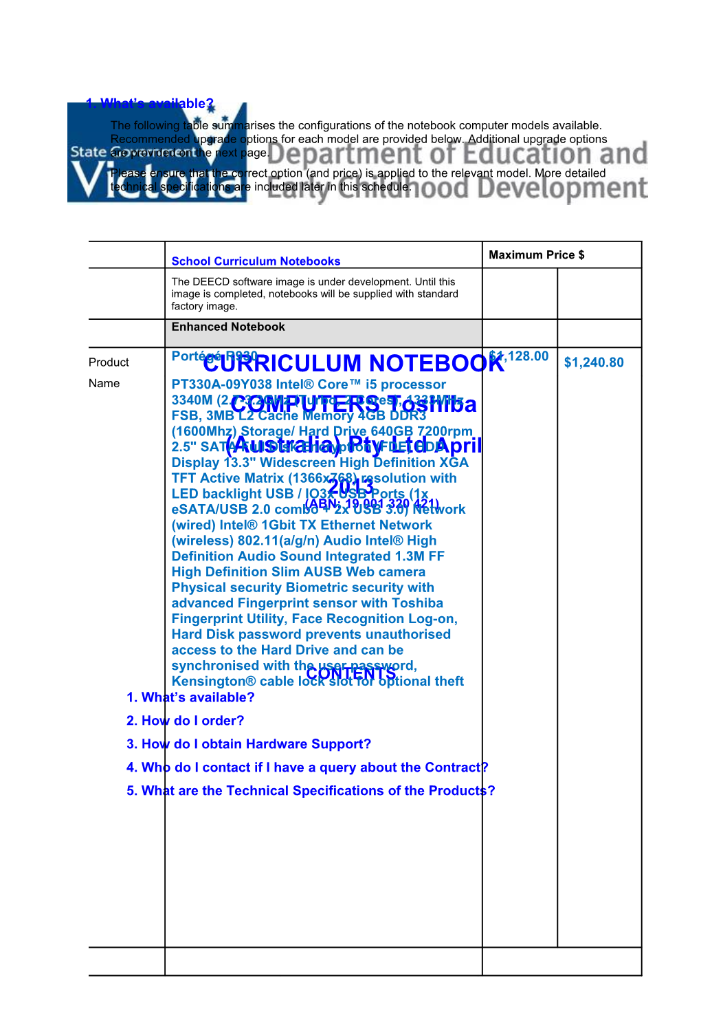 CURRICULUM NOTEBOOK COMPUTERS Toshiba (Australia) Pty Ltd April 2013