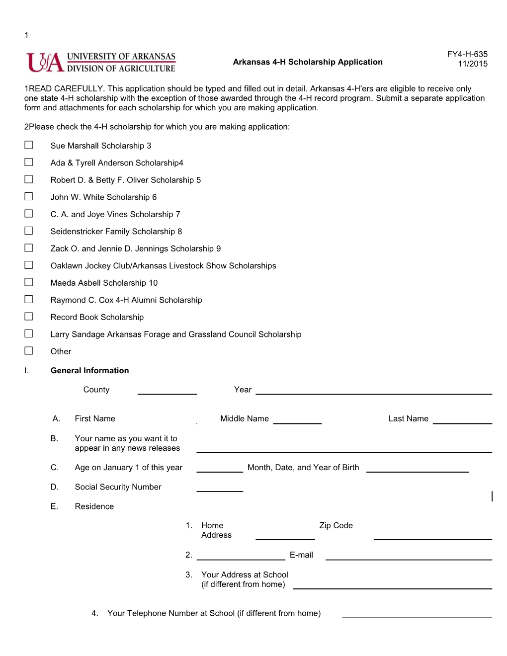 Arkansas 4-H Scholarship Application