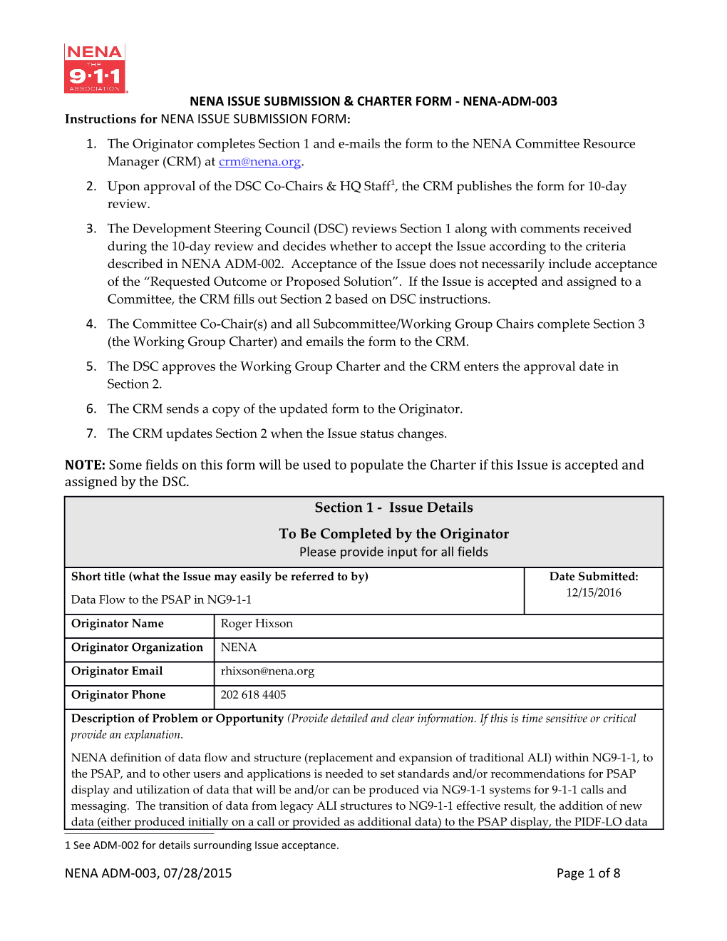 Instructions for NENA ISSUE SUBMISSION FORM