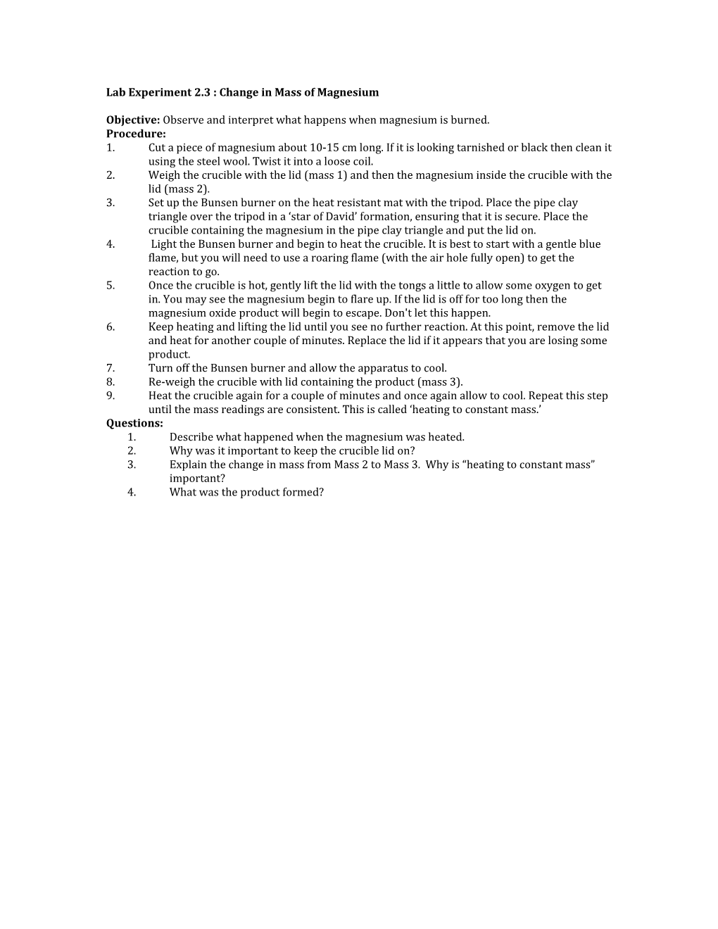 Lab Experiment 2.3 : Change in Mass of Magnesium