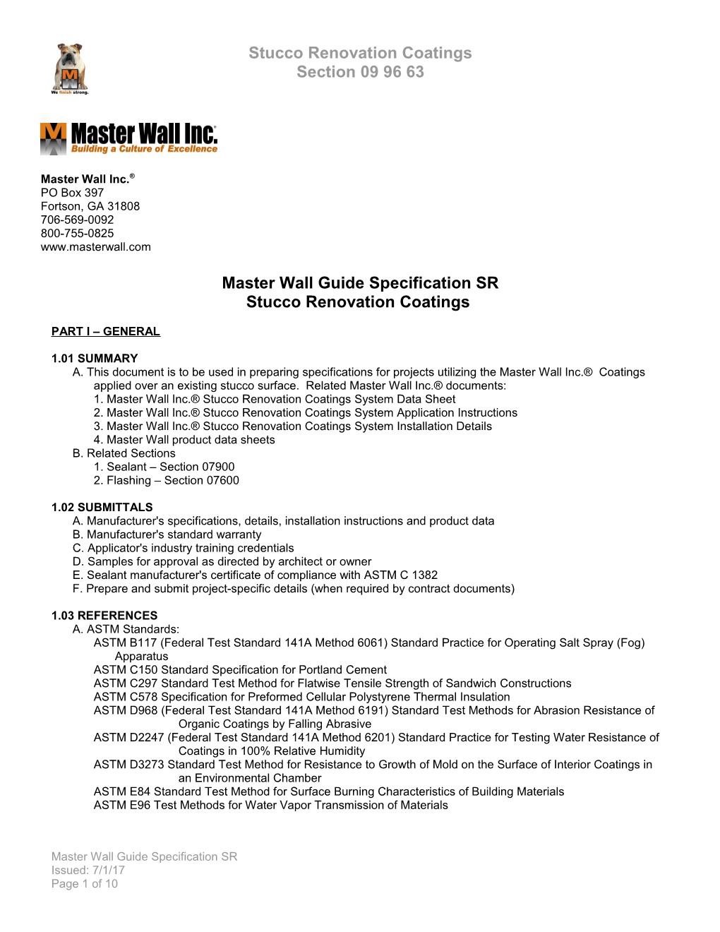 Master Wall Guide Specification SR