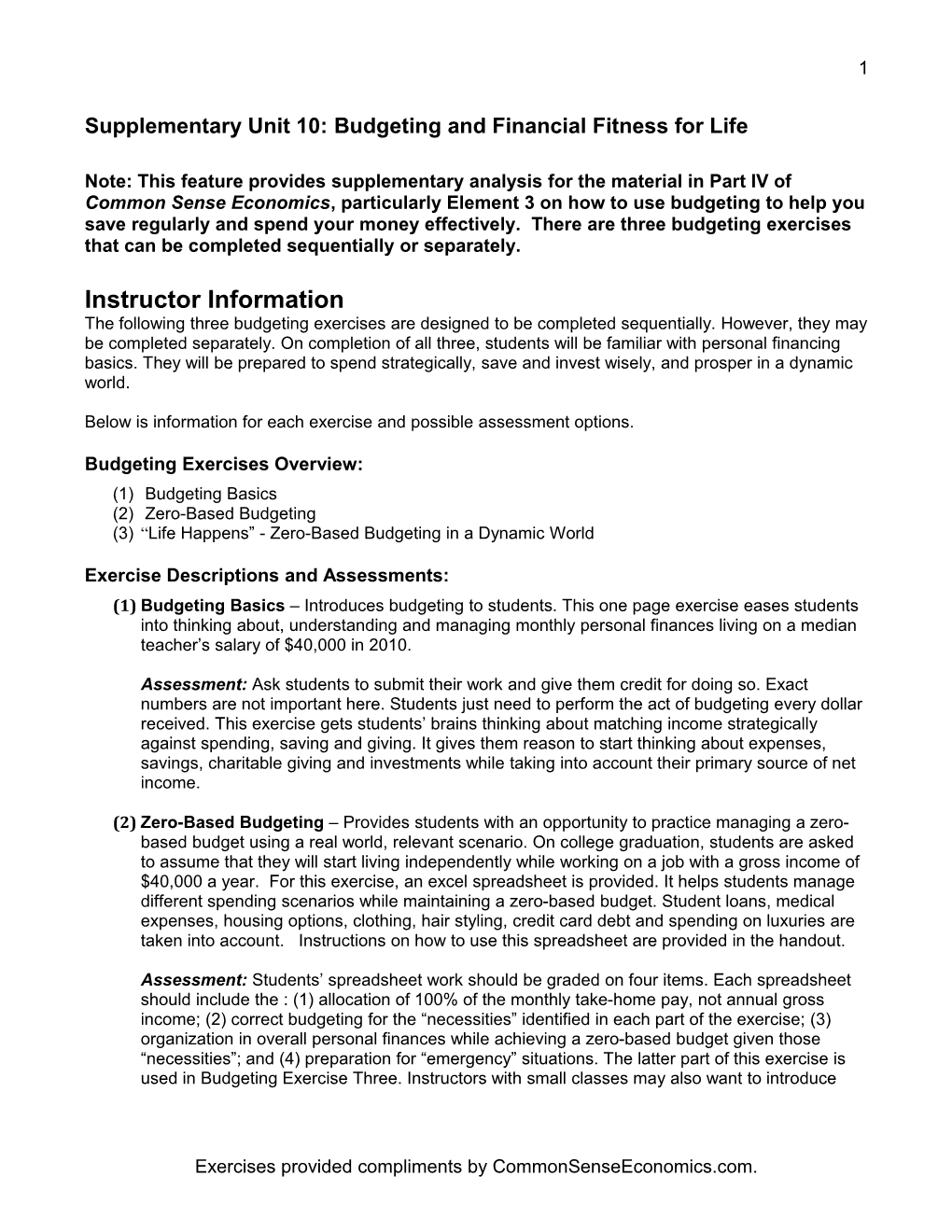 Supplementary Unit 10: Budgeting and Financial Fitness for Life