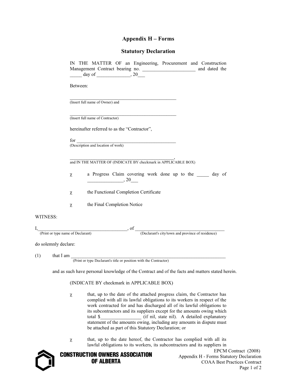 COAA EPC Appendix G Forms - Statutory Declaration (769779;3)
