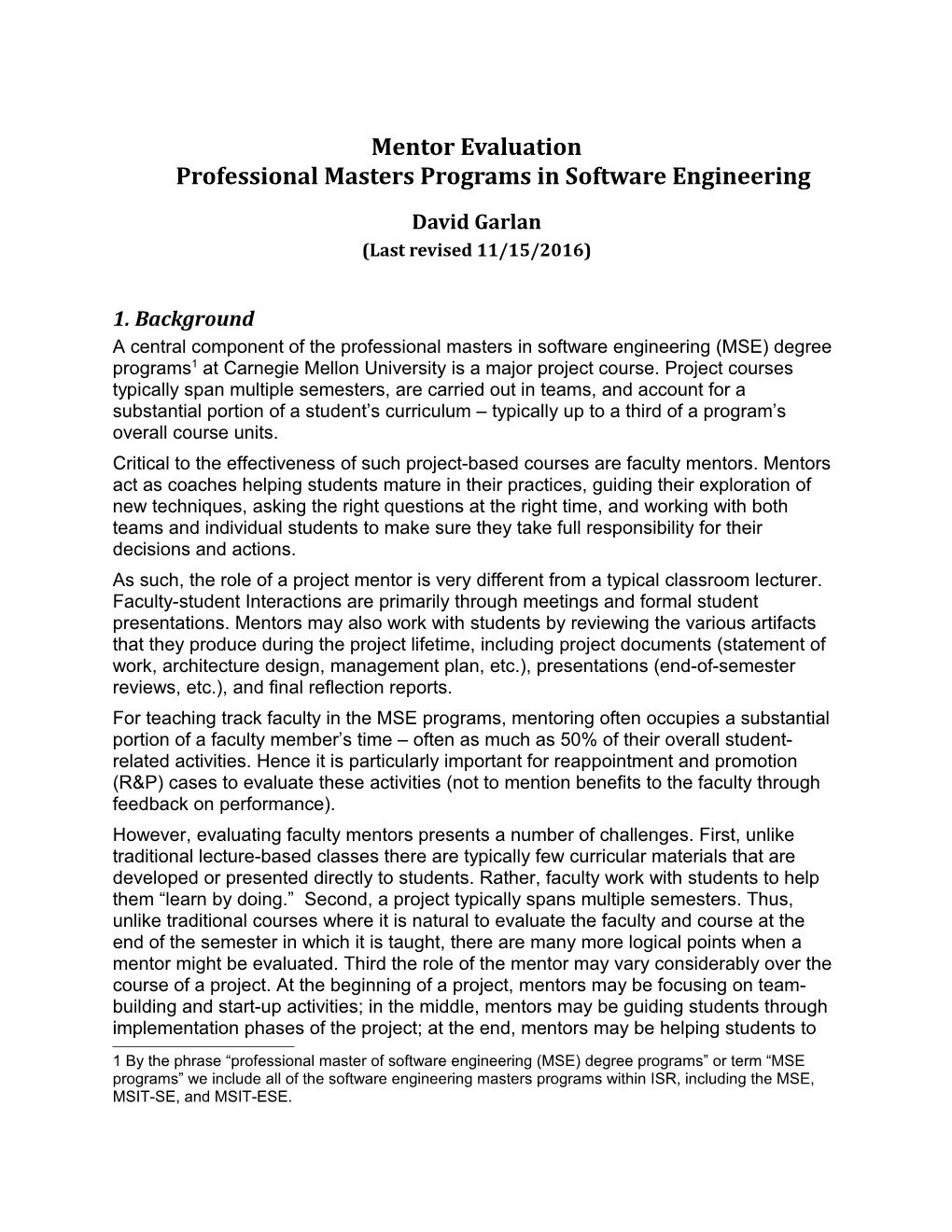 Mentor Evaluationprofessional Masters Programs in Software Engineering