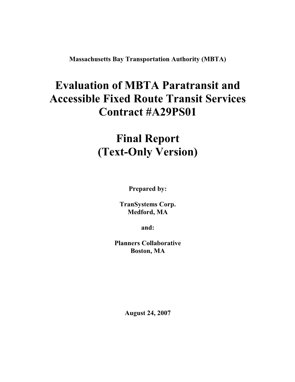 Massachusetts Bay Transportation Authority (MBTA)