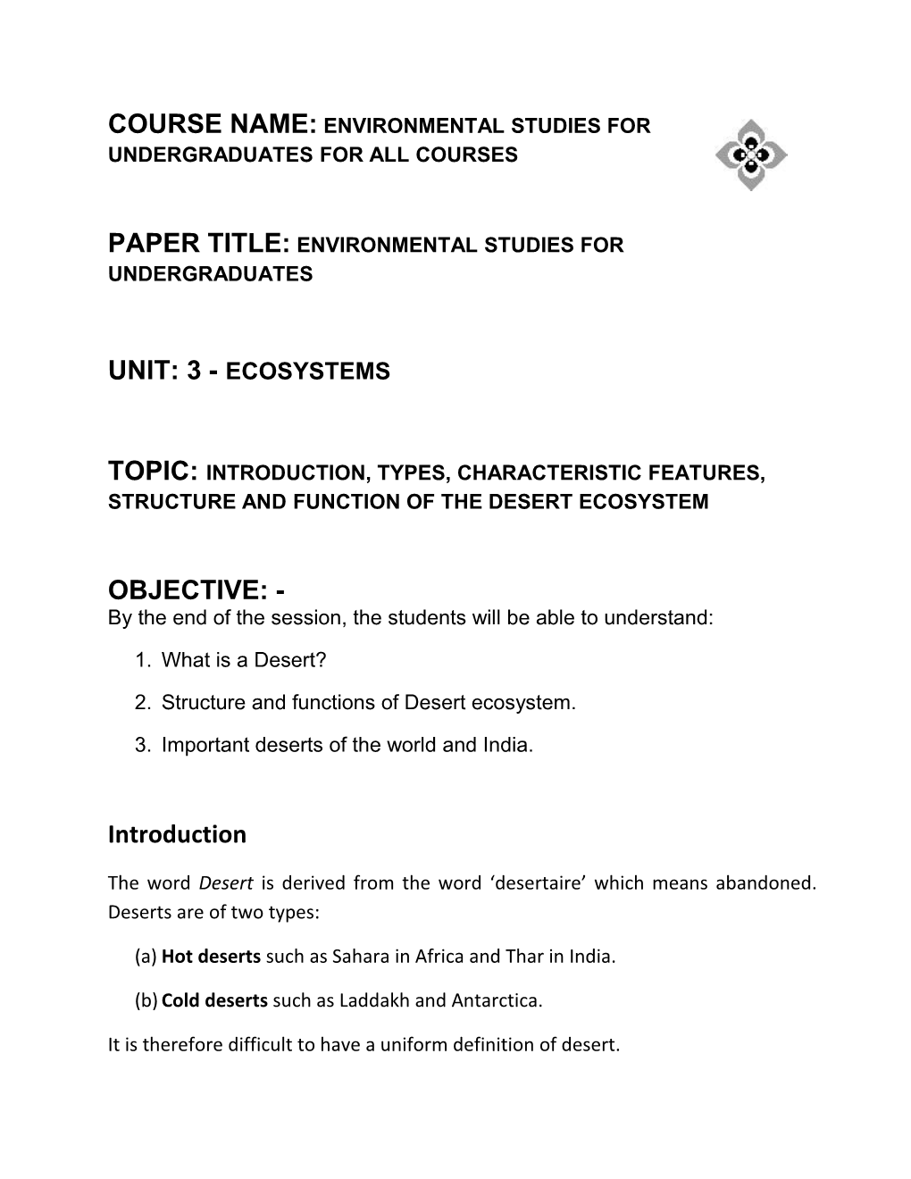 Paper Title: Environmental Studies for Undergraduates