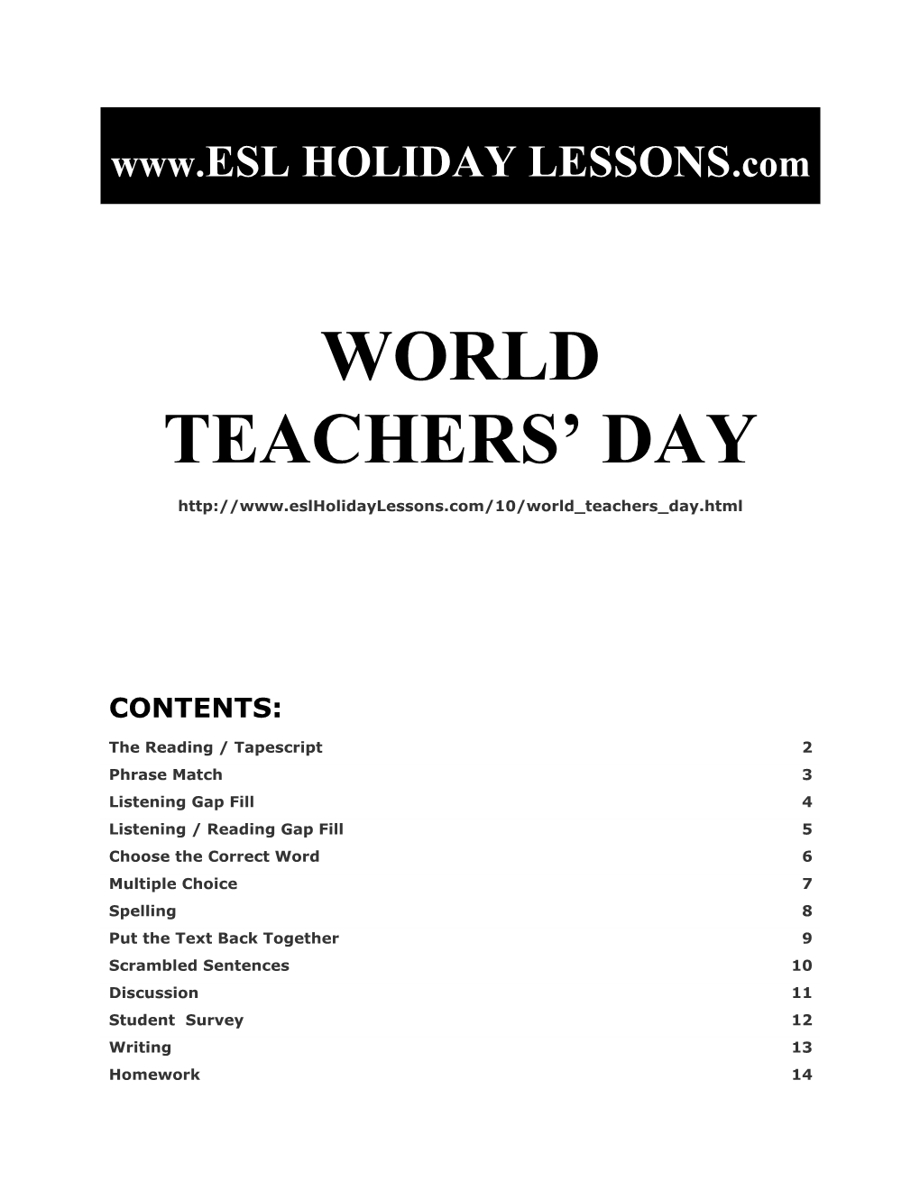 Holiday Lessons - World Teachers Day