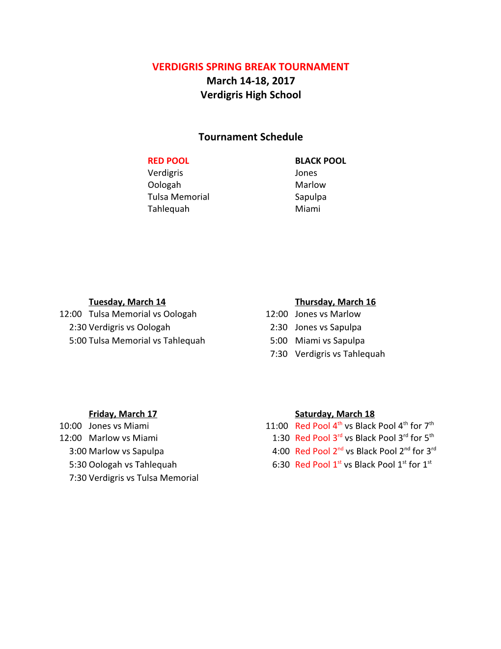 Verdigris Spring Break Tournament