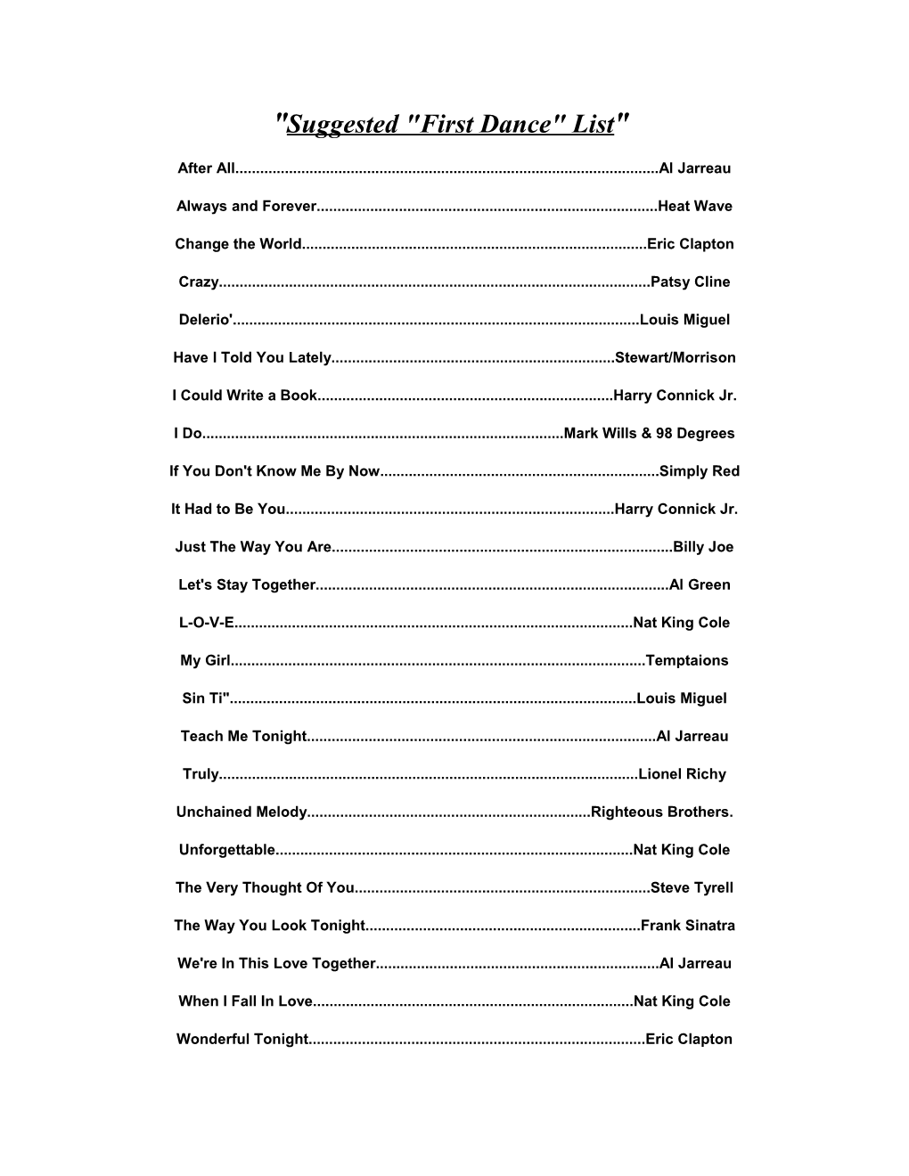 Suggested First Dance List