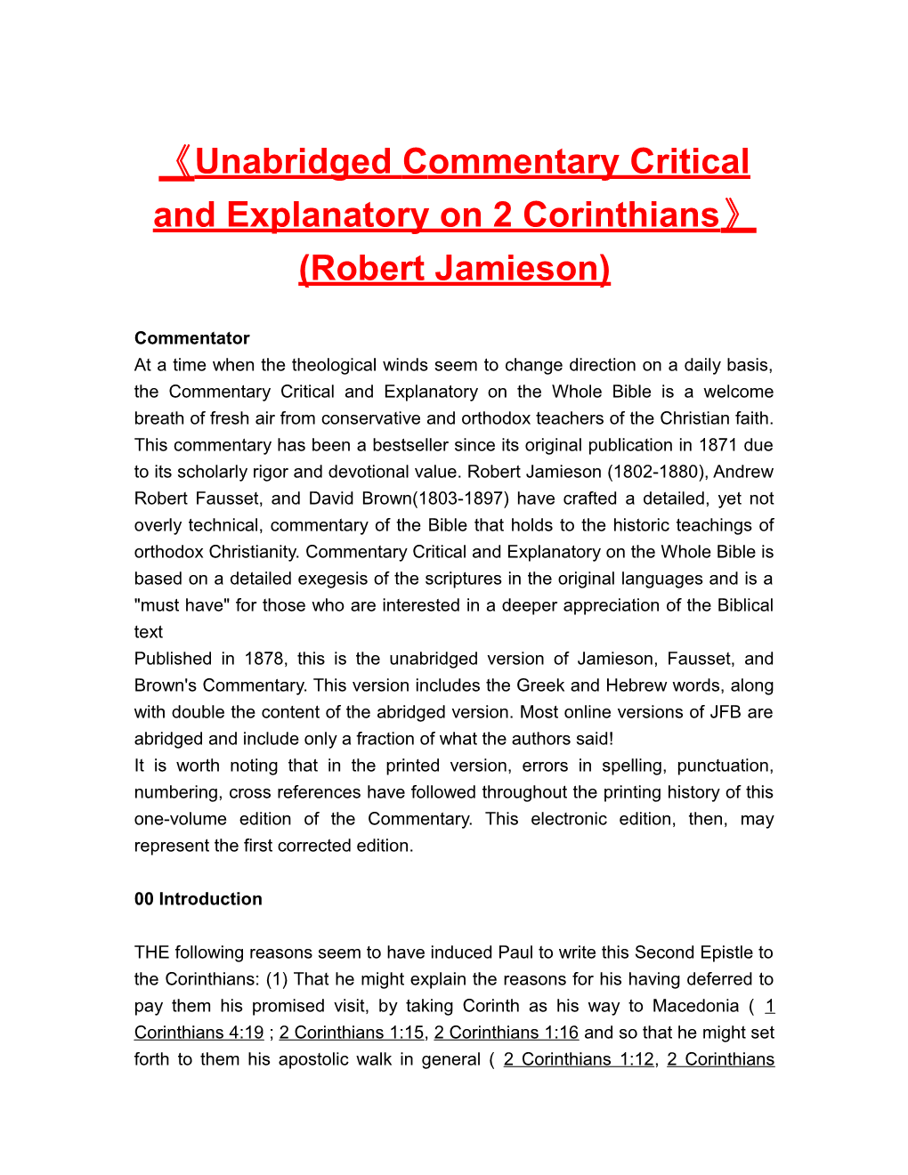 Unabridged Commentary Critical and Explanatory on 2 Corinthians (Robert Jamieson)