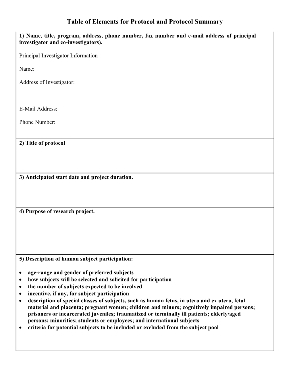 Table of Elements for Protocol and Protocol Summary