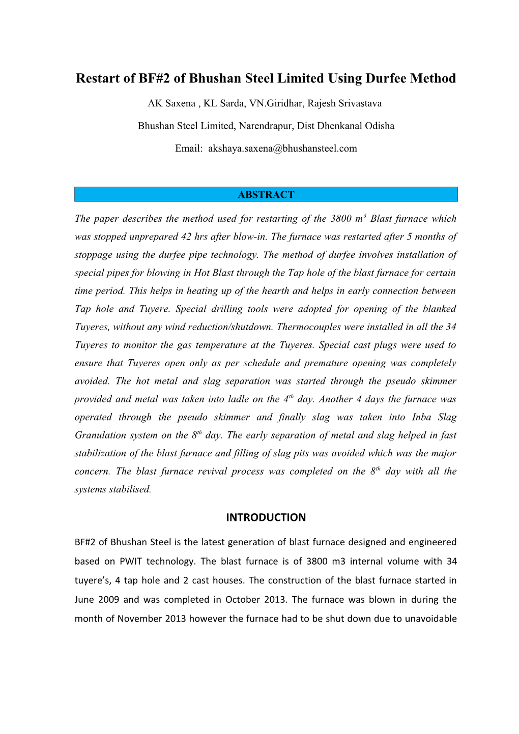 Restart of BF#2 of Bhushan Steel Limited Using Durfee Method